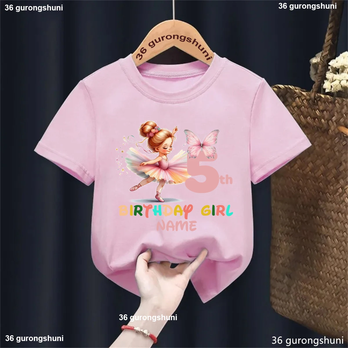 Custom Name 5th/6th/7th Birthday Girl Ballet Dance Butterfly Printed T Shirt Girls Kawaii Toddler Kids Clothes White T-Shirt