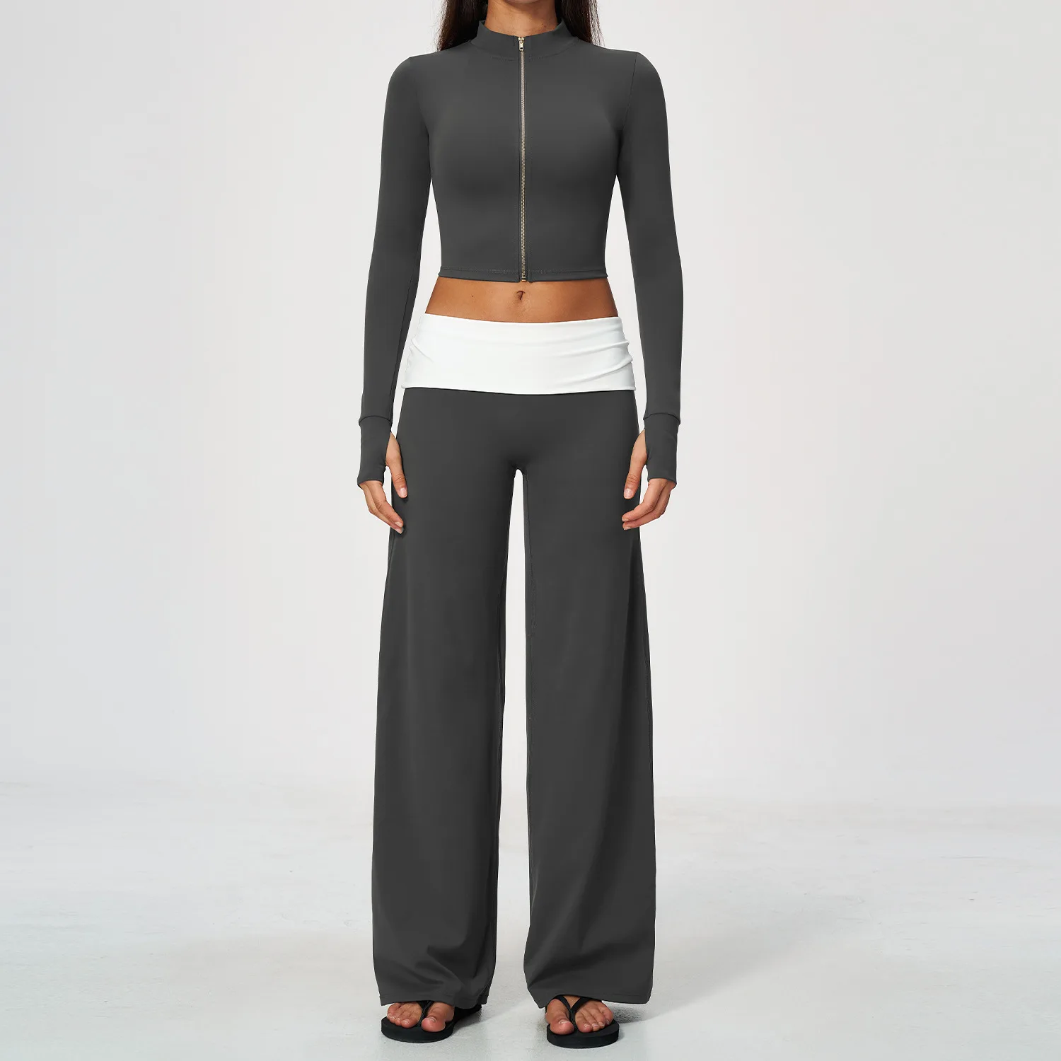 Zip Jacket Wide Leg Pants 2 Piece Yoga Set Women Gym Fitness Running Workout Tracksuit Sportswear Stretch Slim - view 3