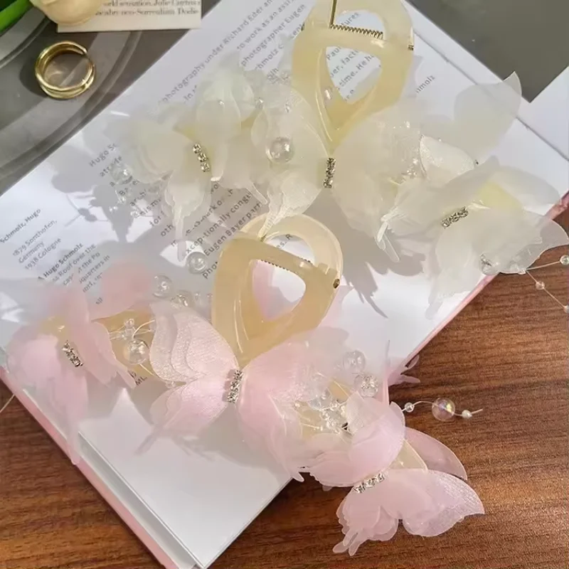 رائعة لؤلؤة فراشة كراب الشعر مخلب الفتيات الحلو الوردي زهرة دبوس الشعر ذيل حصان مقاطع الشعر سميكة إكسسوارات الشعر للنساء