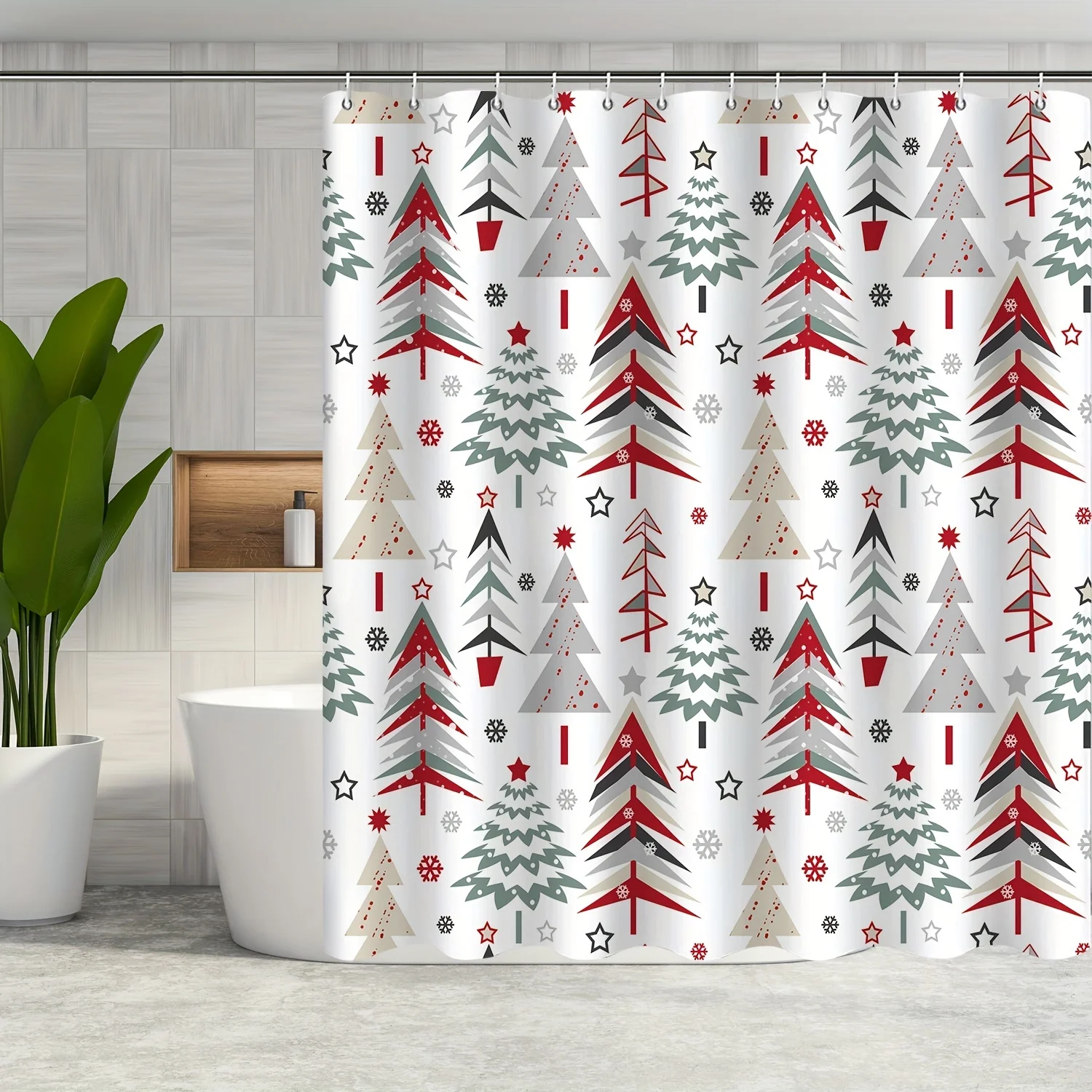 Christmas Tree Shower Curtain Waterproof Fabric Bathroom Shower Curtain With Hooks for Winter Holiday Decoration 72X72 Inch