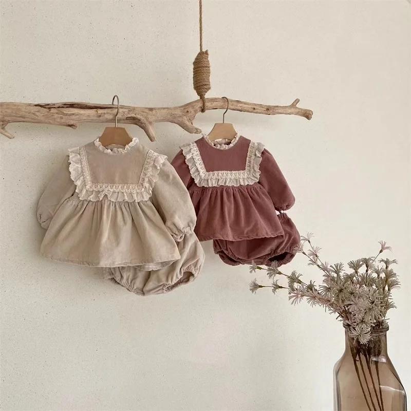 Cute Newborn Baby Girl Corduroy Clothes Set Long Sleeve Lace Collar Dress Shirt Tops+Bloomer PP Pant 2PCS Outfits Spring Suit