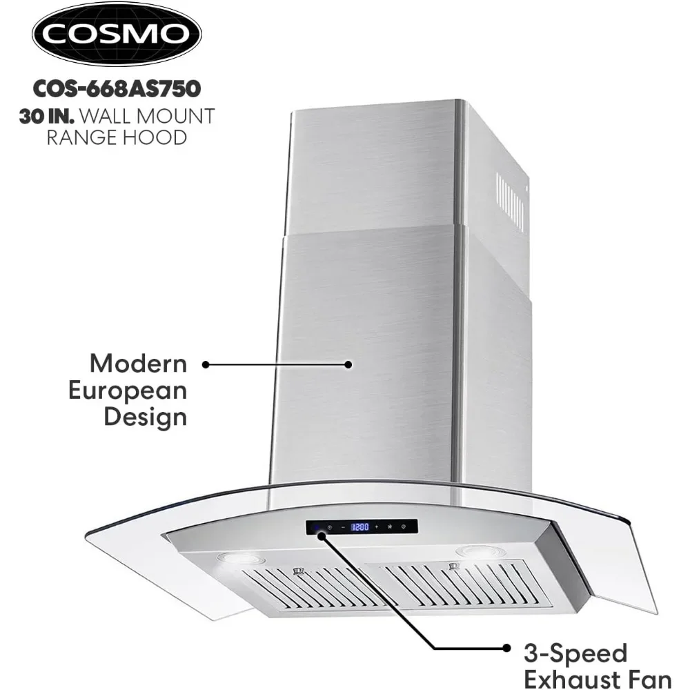 30 in. Wall Mount Range Hood with 380 CFM, Curved Glass, Ducted Convertible Ductless (additional filters needed, not included)
