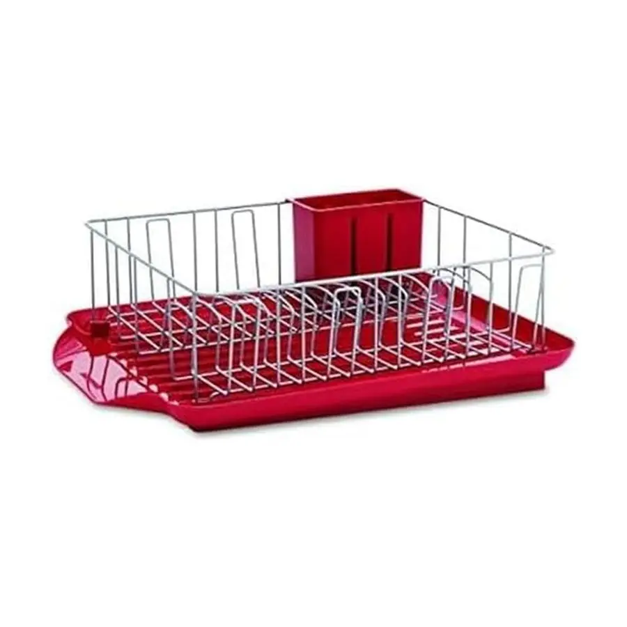 

Classic Large Rust Resistant Full Dishrack with Removable 3 Compartment Flatware Caddy, Andlged Drain Board, 3Piece, Red
