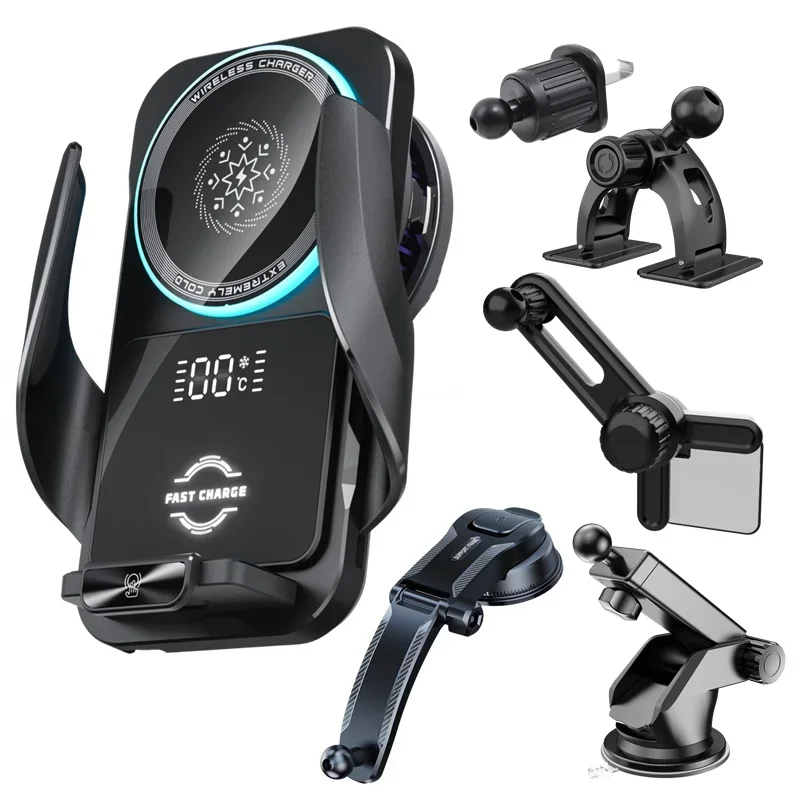 

Semiconductor Cooling Car Phone Holder 15W Wireless Charger Temperature Display 360 Rotation Mount for Samsung S26 Iphone 17 16