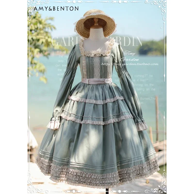 

25COSElegant French Girl Square Collar Puff Sleeve Dress Lolita Retro Sweet Lace Stitching Long Sleeve Slim Fit Dresses Prom Dre