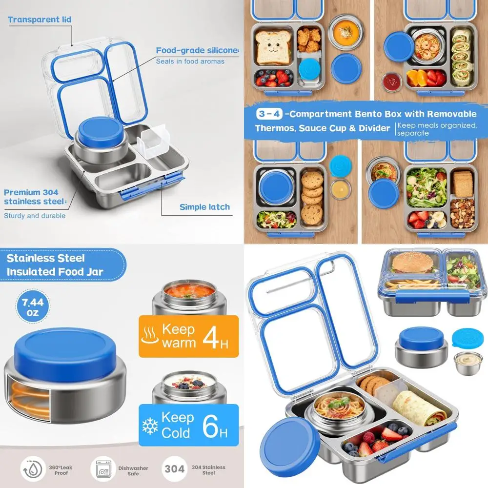

Insulated Stainless Steel Bento Lunch Box with 7oz Food Jar, Removable Divider, and Sauce Cup for School (Blue)