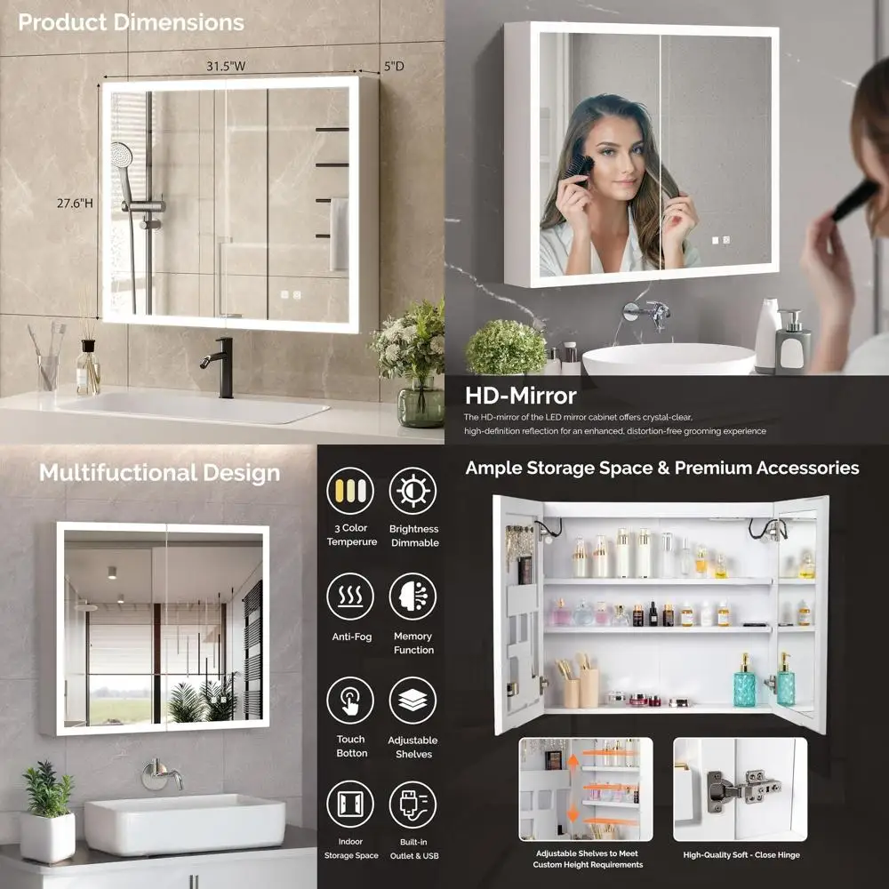 Illuminated Wall-Mounted Medicine Cabinet with Mirror, Storage, and LED Lights, 32x28