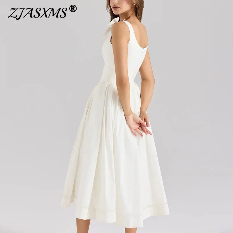 Women Elegant Lace Up Bowknot Vestido Fashion Sleeveless Zip A-line Boho Dress New Summer Square Collar Solid Button Party Dress