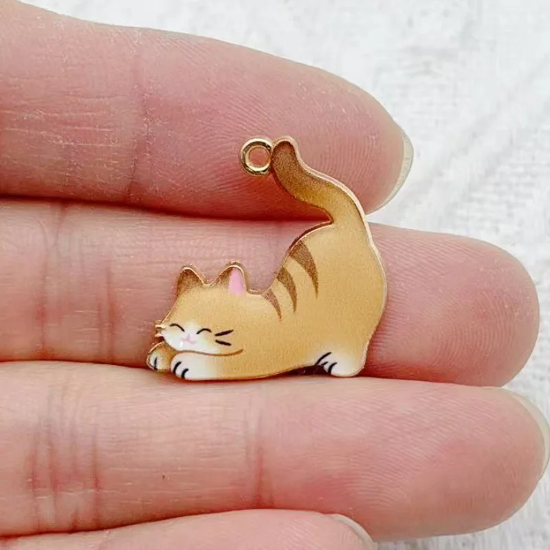 10pcs cartoon cute printed fish hugging cat lying on the ground cat alloy pendant DIY accessory bracelet small pendant