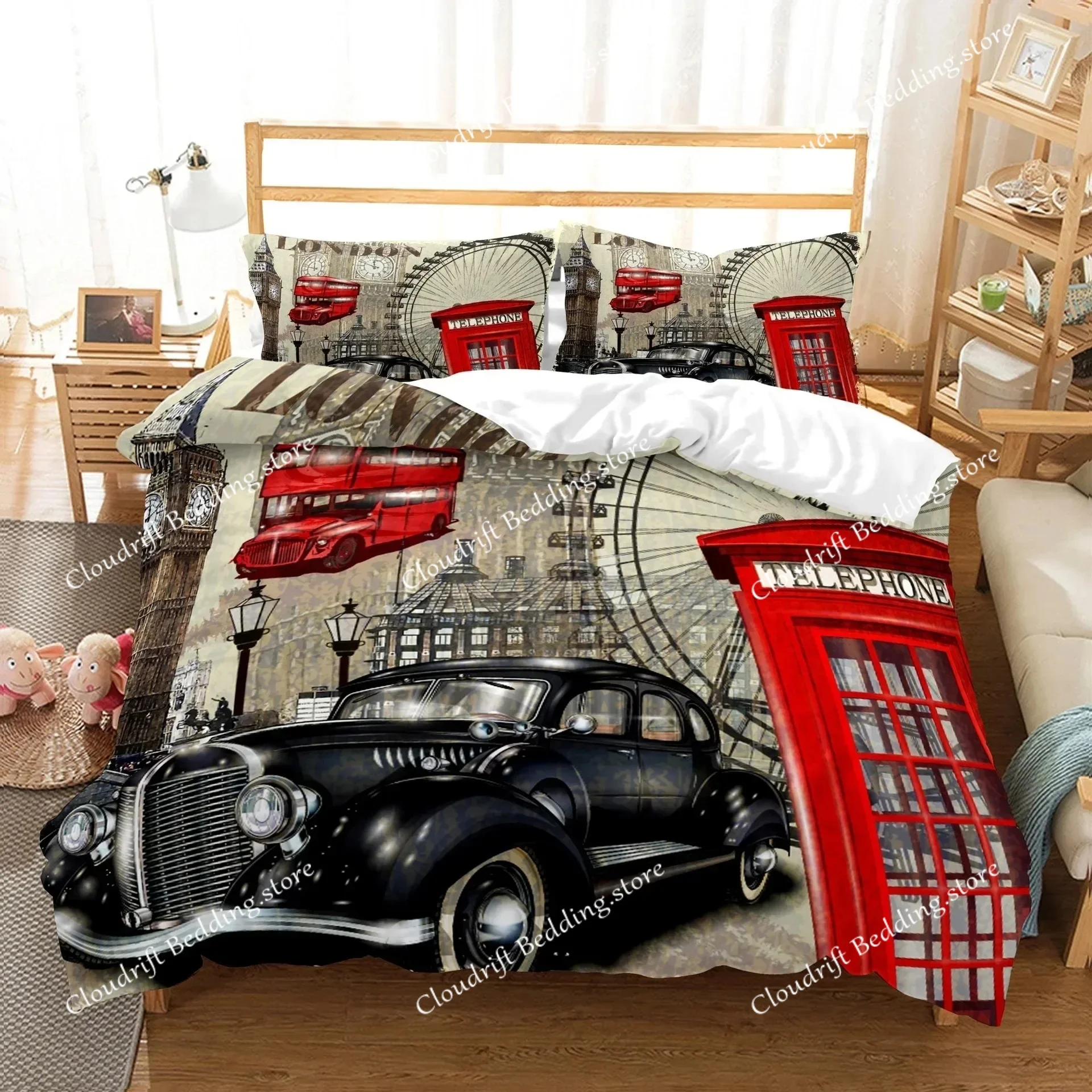 New York Statue of Liberty Duvet Cover KingQueen Size Retro Car Nostalgic 50s  Polyester Bedding Set,Vintage Car Quilt Cover
