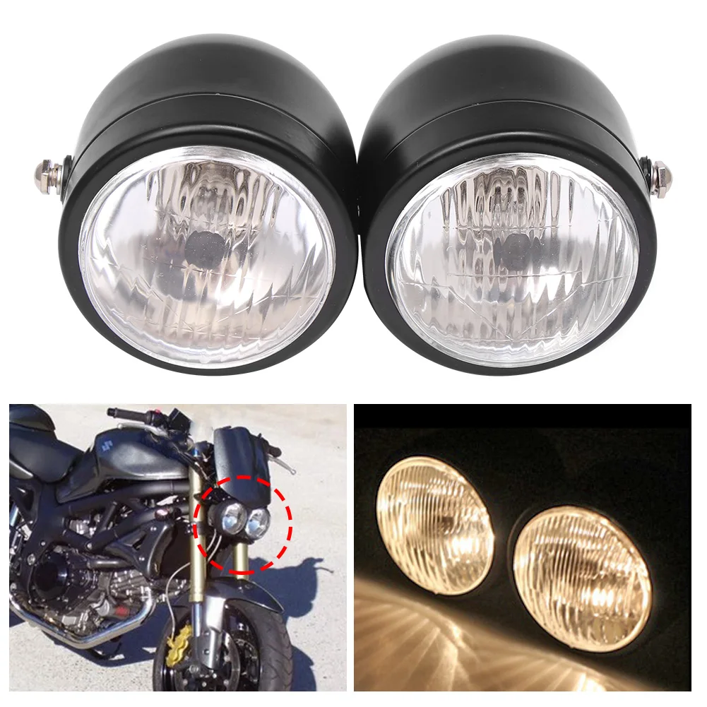 Motorcycle Universal Black Twin Front Headlight Double Dual Lamp Street Fighter For Harley Dual Sport Dirt Bikes