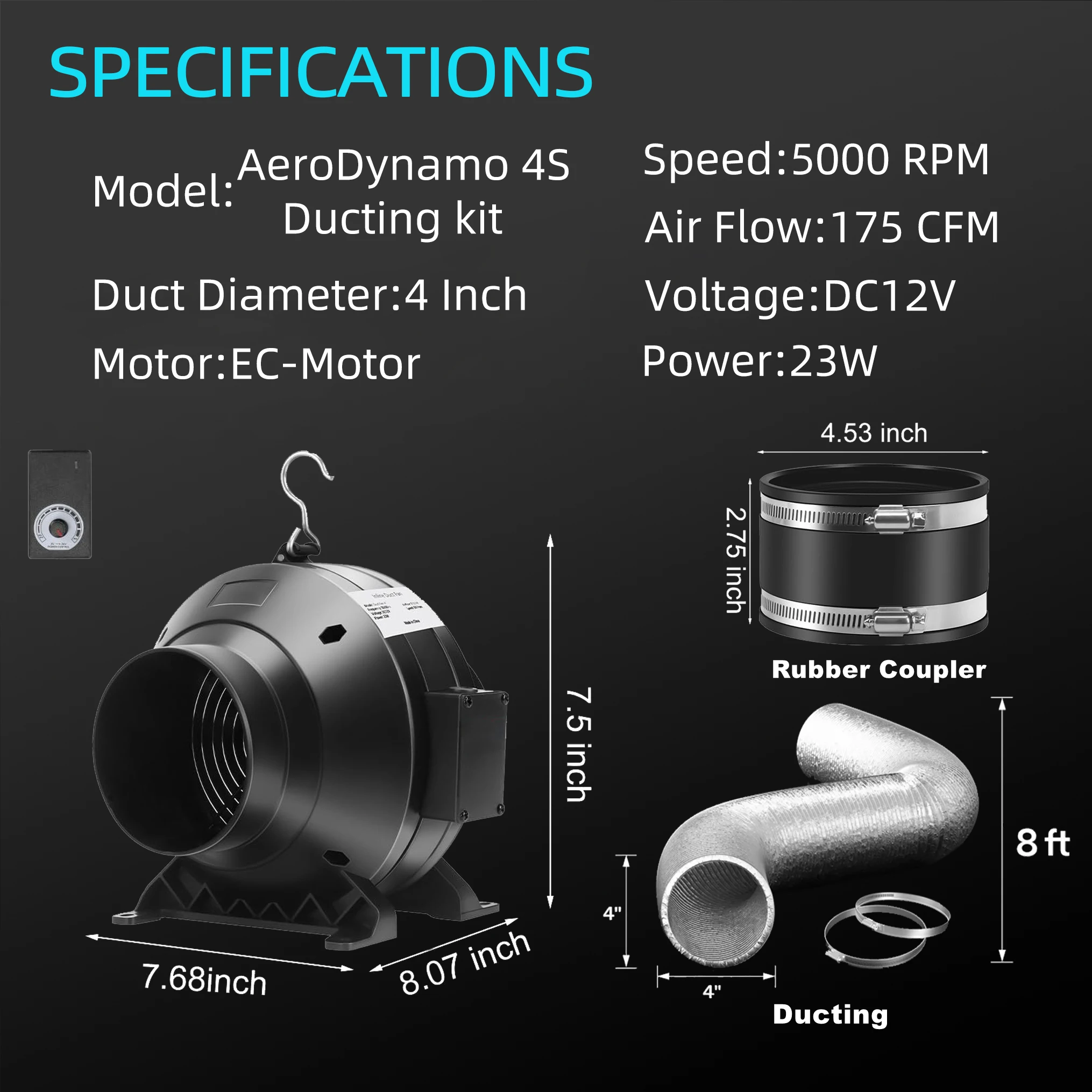 ALPHAGROW Ultimate Grow Tent Fan Solution 175 CFM وحدة تحكم في سرعة نظام القناة المضمنة مع قناة 8 أقدام مع قارنة مطاطية، #5