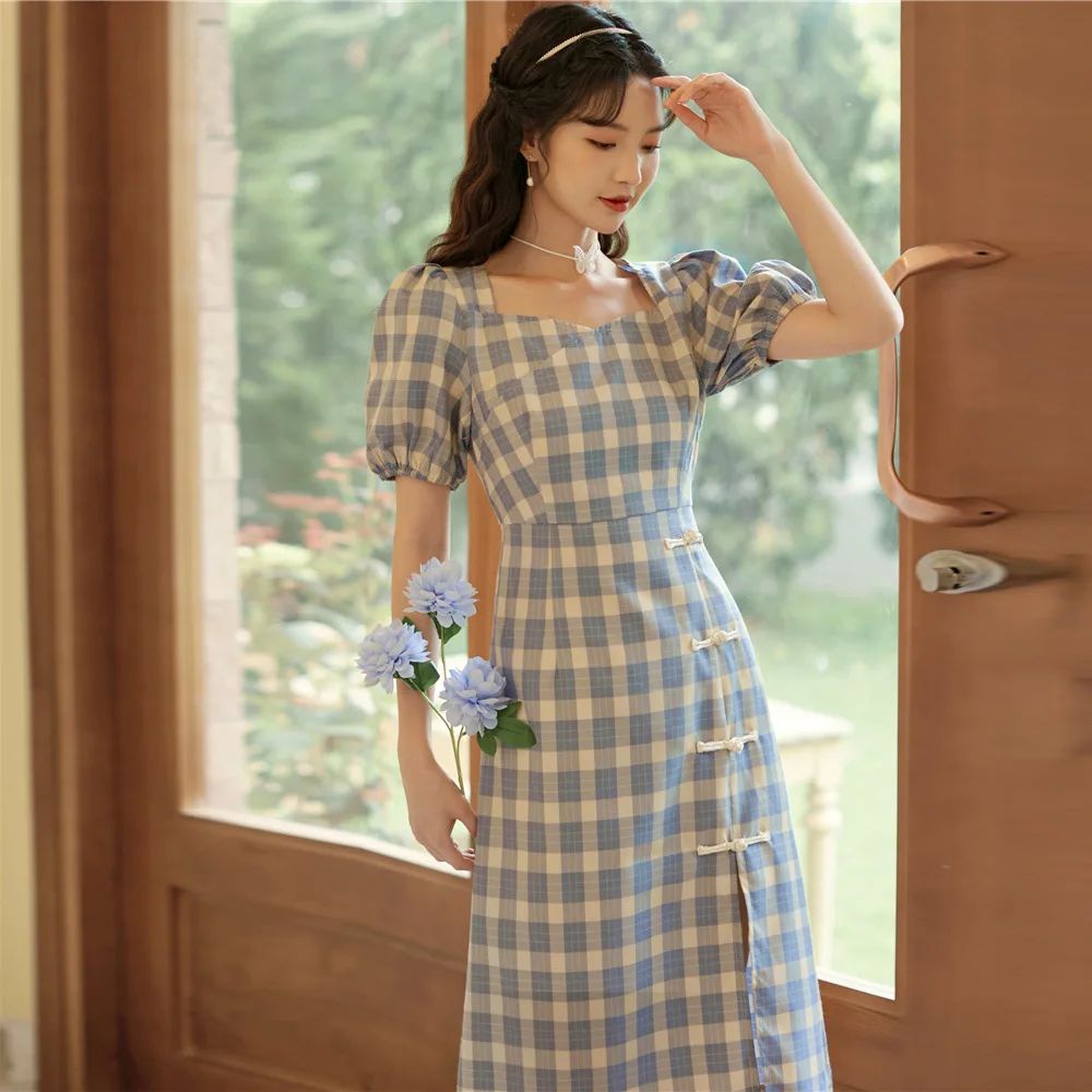 

Plaid cheongsam improved dress 2022 new summer young girl student Retro Modern Chinese style