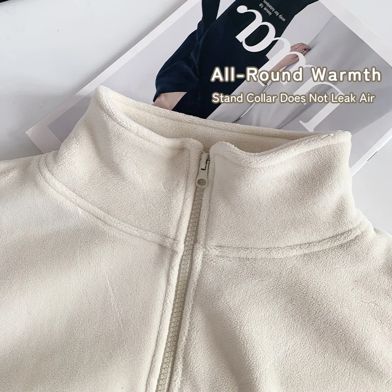 Autumn and Winter Women's Stand Collar Long Sleeve Sports Jacket Thickened Windproof Loose Warm Workout Running Sportswear