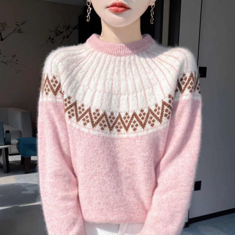 

Round Neck Jacquard Retro Pullovers Sweater Women Collection Pure Wool Loose Knit Pullover Female Fashionable Trend Casual Top
