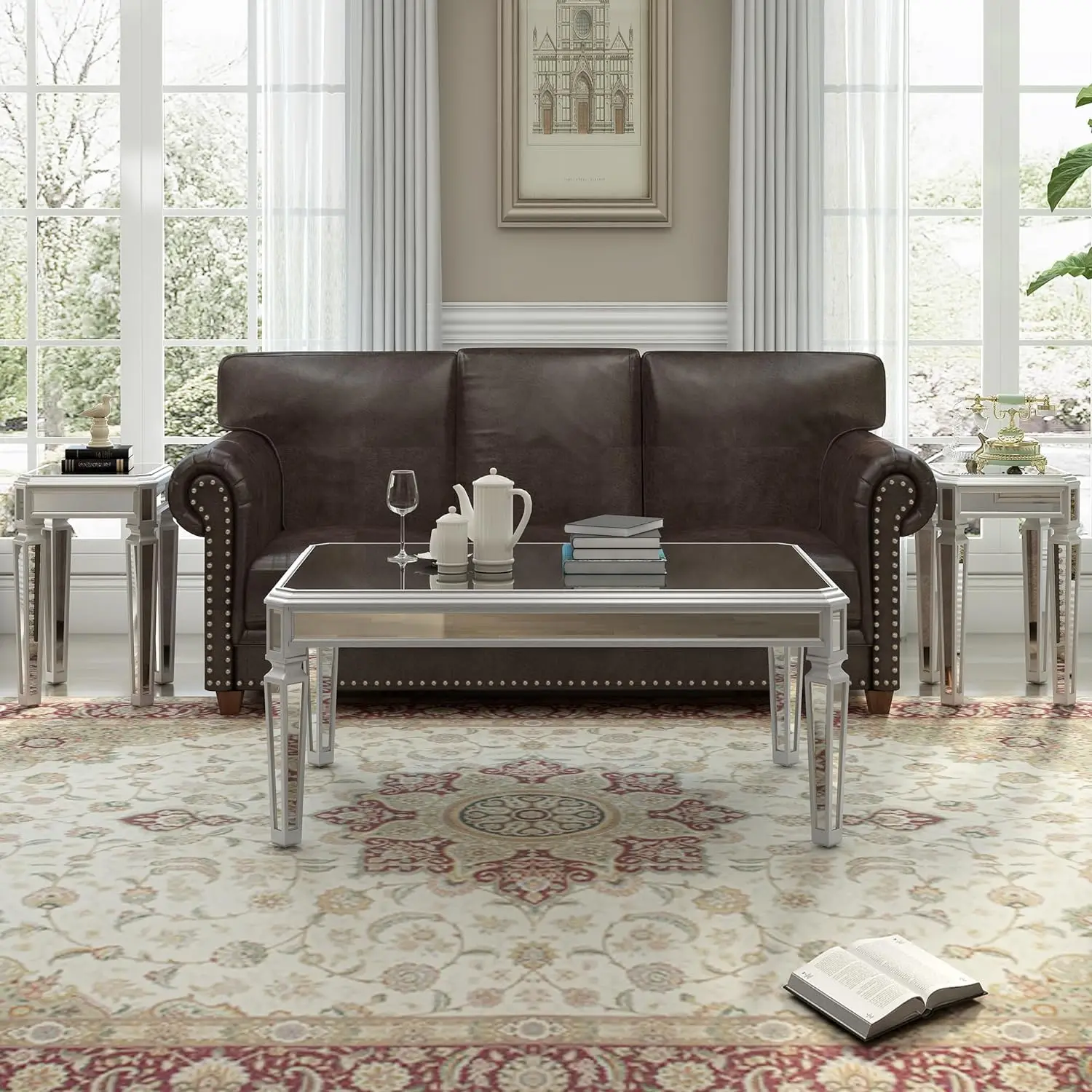 

# Modern Sleek And Chic Living Room Table 3-Piece Set Mirrored Coffee Table And Side Table