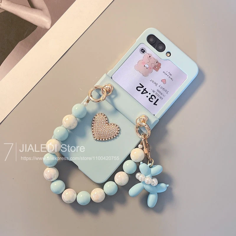 Rhinestone Love Cute Dog Bracelet Hinger Phone case For Samsung Galaxy Z Flip 3 4 5 6 7 flip6 zflip7 Cover