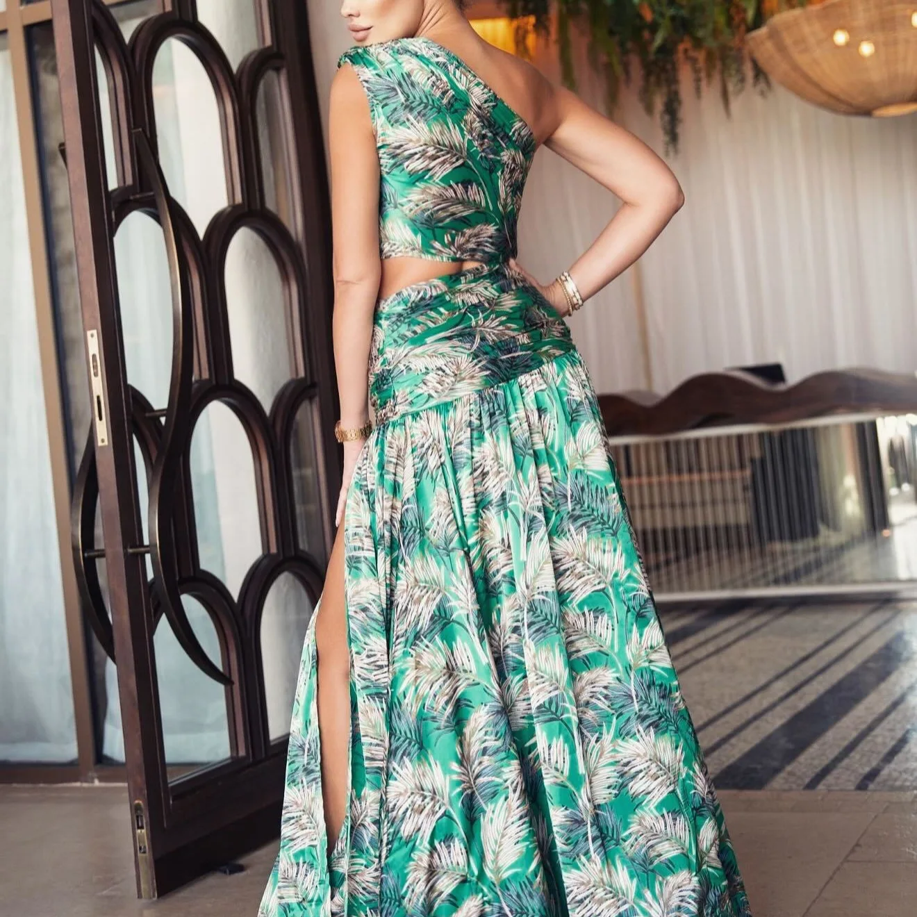 Robes de soirée d'anniversaire sexy pour femmes 2025 été vert rétro imprimé épaule inclinée sans manches robes de fête de vacances