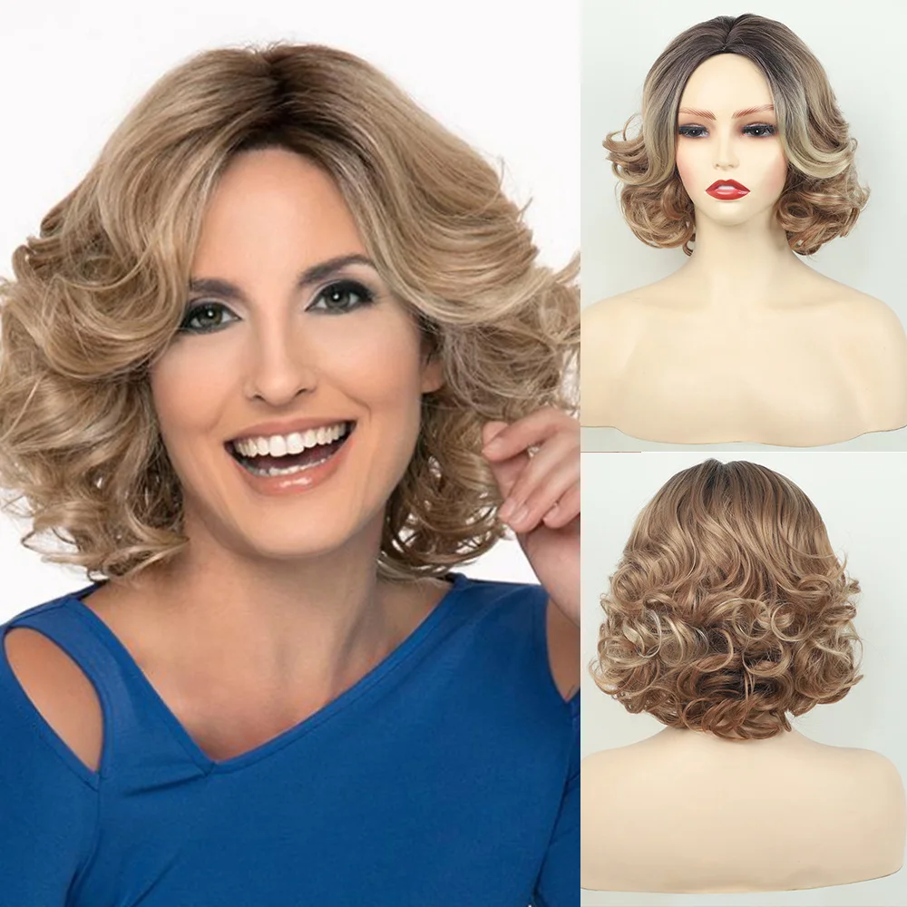 

Amazon new wig female full head short curly hair gradual change brown chemical fiber headgear, European and American wig female