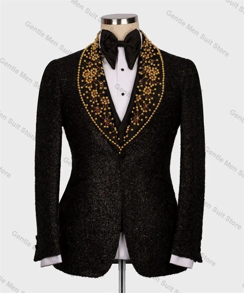 Luxury Golden Crystals Men Suits 2 Piece Shiny Blazer+Trousers Wedding Tuxedo Male Prom Coat Customized Formal Office Jacket