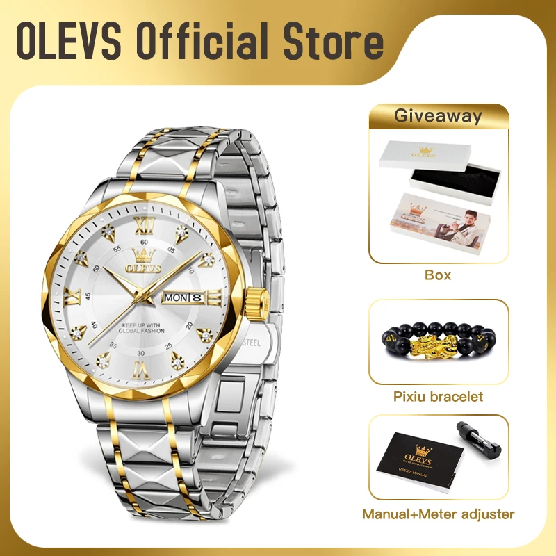 OLEVS 5609 Mens Watch Original Fashion Quartz Wristwatch Waterproof Luminous Watches For Men Dual Calendar Display Reloj Hombre