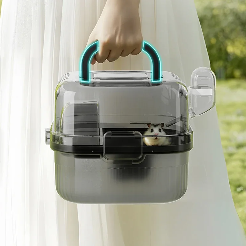 

Portable Hamster Travel Cage PP Semi-Transparent Handheld Chinchilla Carrier Case with Running Wheel Small Pet Supplies
