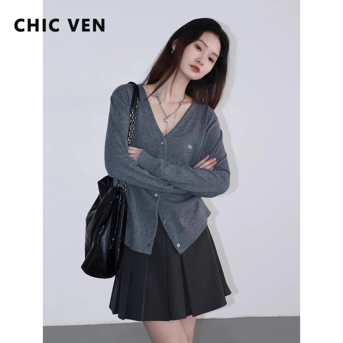 CHIC VEN Women Cardigan Single Breasted New V-neck Embroidered Knitted Sweaters Female Jumpers Spring Autumn 2024