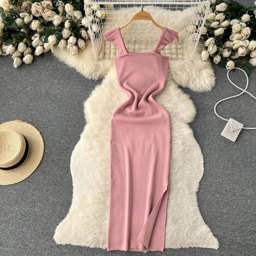 Elegant Ruffle Sleeveless Bodycone Knit Split Dress Chic Elastic Slim Fashion Party Sundress Women Basic Wrap Pencil Vestidos