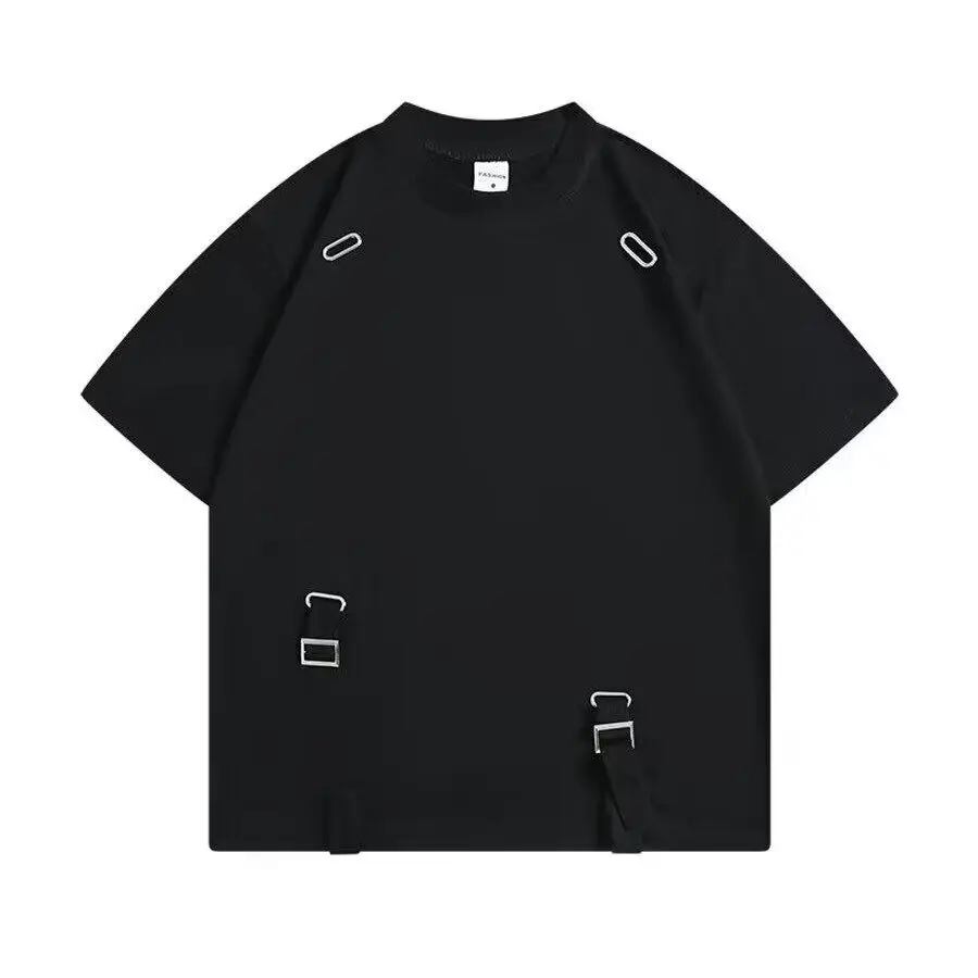Men Chic Oversized Adjustable Strap T-shirt Summer High Street Metal Detail Short Sleeve Crew Neck Minimalist Tee
