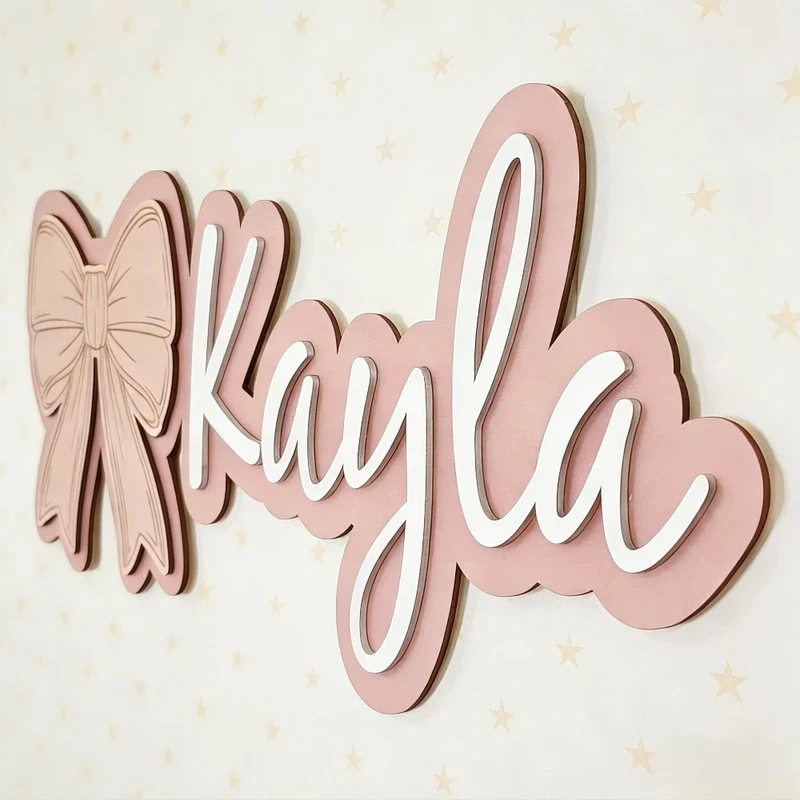 Customizable Bow-Shaped Wooden Wall Plaque Baby Nursery Sign with Name And Date Personalized Housewarming Gift Durable