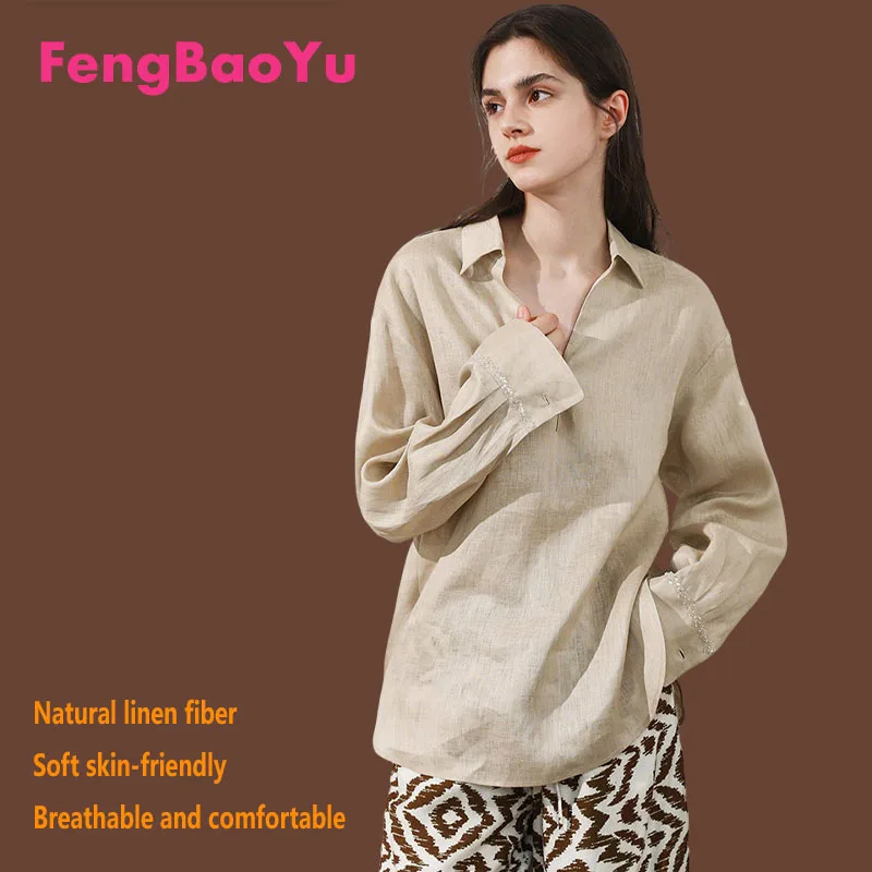 

Женская рубашка Fengbaoyu из 100% льна: простой и элегантный топ с V-образным вырезом и длинными рукавами, стильный повседневный наряд для активного отдыха