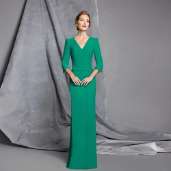 Simple Green Mother of the Bride Dresses For Wedding V Neck 3/4 Sleeves Wedding Party Gowns Mermaid Floor Length فساتين السهرة