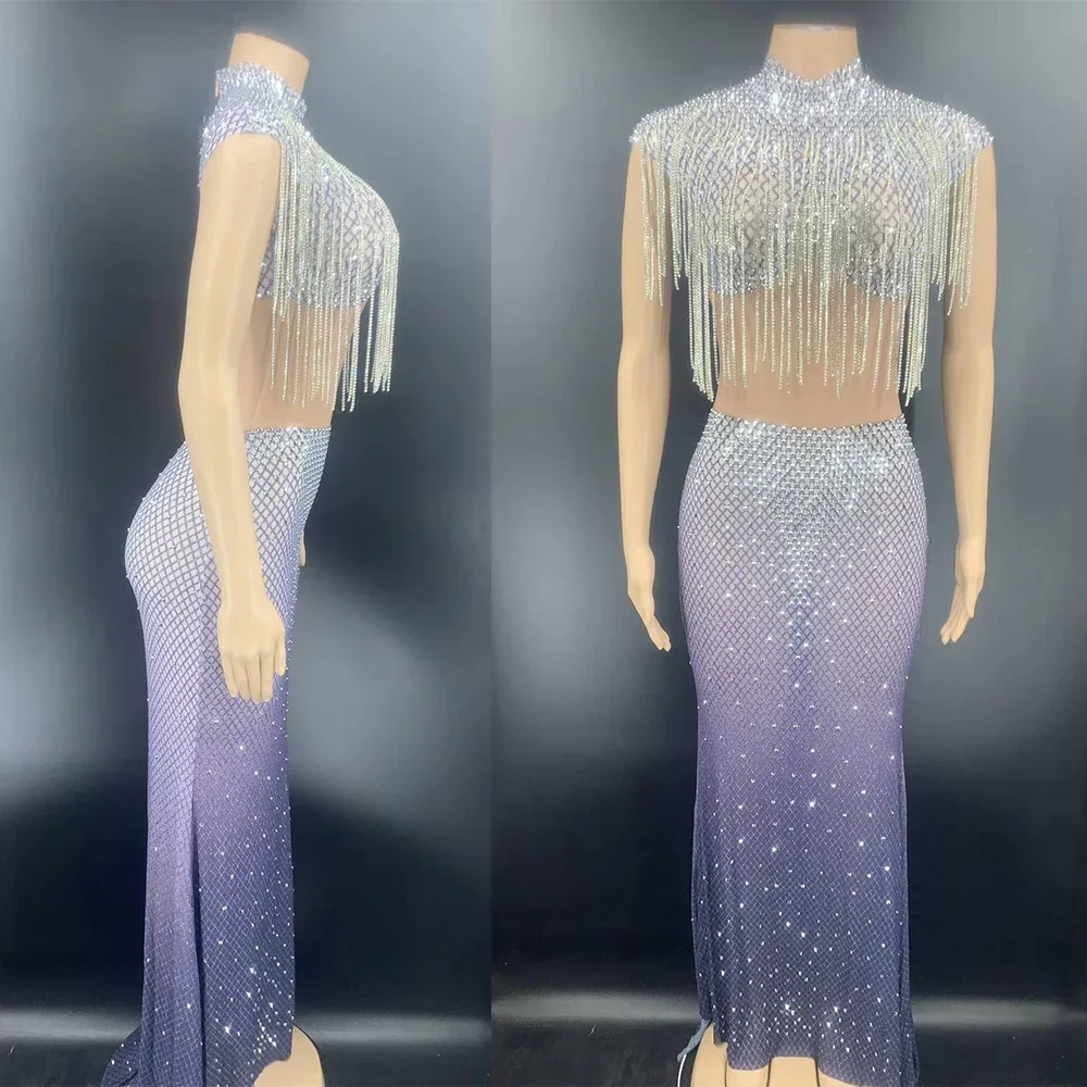 

2025 Ensemble Glamour Delicate Women Mesh Sexy Shining Tassel Long Dress Evening Party Banquet Birthday Stage Singer Costume