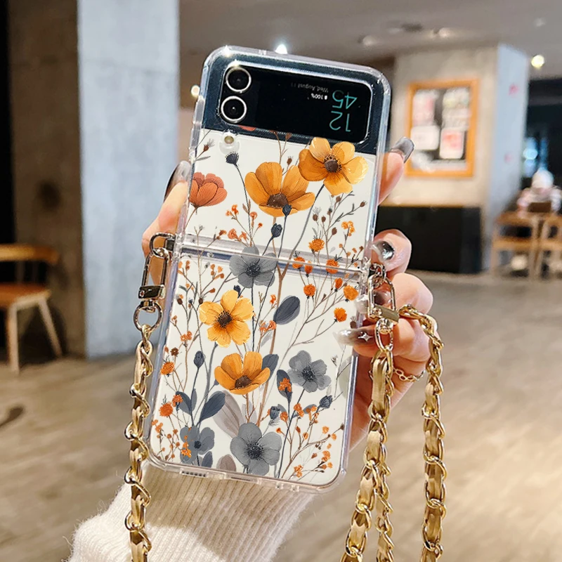 Yellow Flower Soft TPU Lanyard Case For Samsung Galaxy Z Flip 6 5 4 3 5G Flip5 Flip6 Shockproof Crossbody Rope Clear Phone Cover