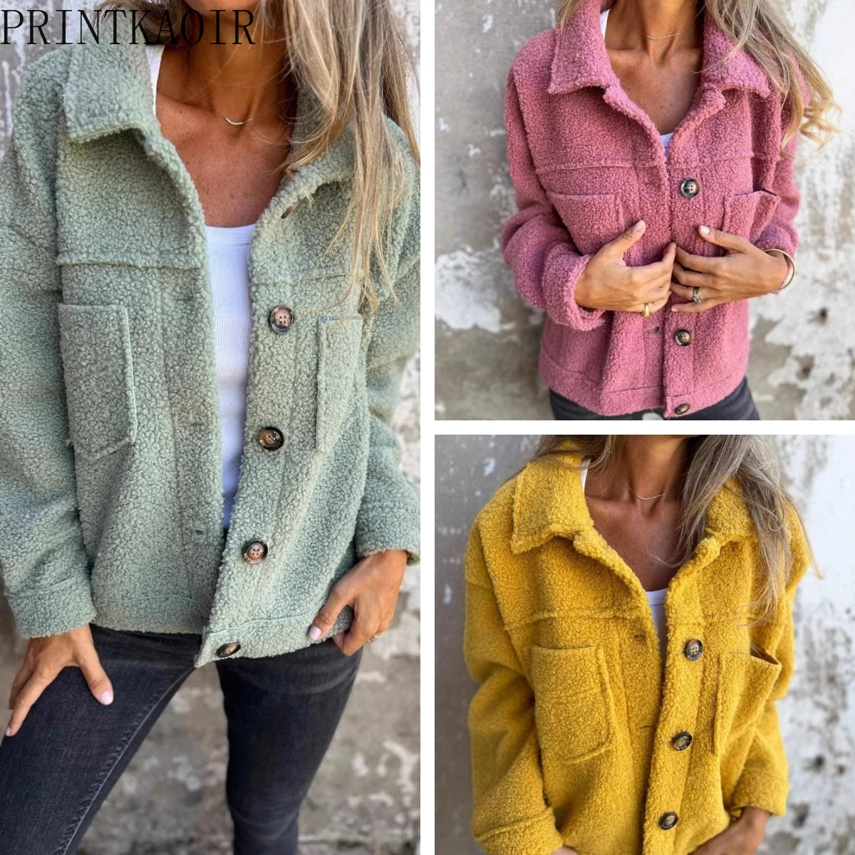 

PRINTKAOIR Женская дубленка осень/зима с лацканами и однобортными пуговицами, облегающая посадка для стильного образа