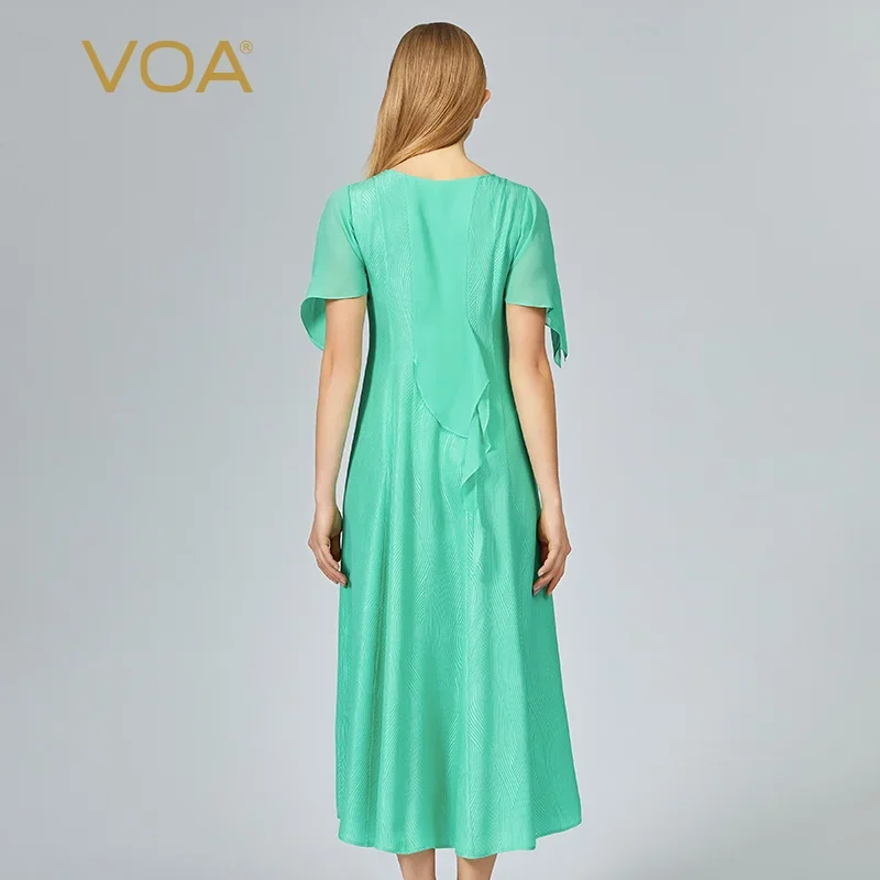 VOA Spring Jacquard Silk Green O-Neck Flying Sleeve Dress Women Three-dimensional Decoration Young Style Fresh Silk Dress AE1318