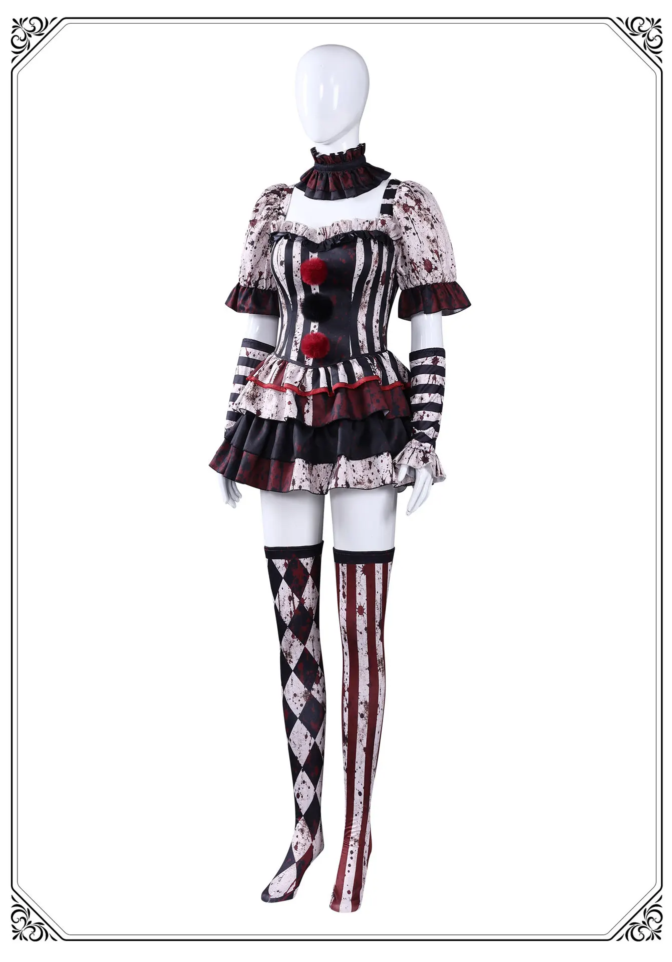 Blutiger Horror-Clown Cosplay-Kostüm für Frauen, Gothic Horror Zirkus Cosplay-Kleid, Gruseliger Gestreifter Blut-Party-Jumpsuit für Halloween – Detail 18