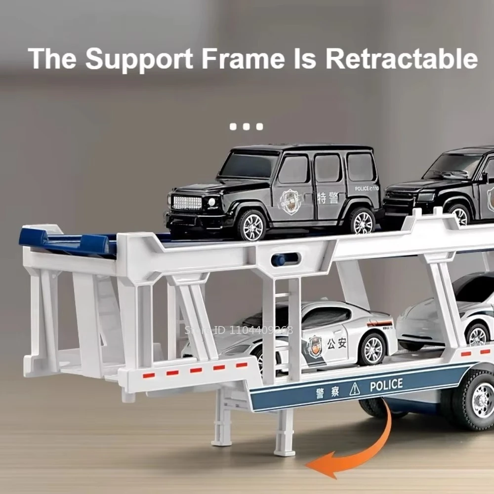 Scala 1:50 Rimorchio della polizia Trasporto Esteso Autocarro con cassone ribaltabile Modello Giocattolo Pressofuso in metallo Suono Luce Tirare indietro Modelli di veicoli Regali per hobby