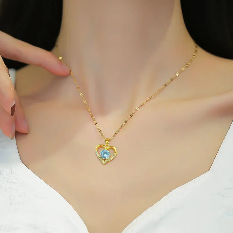 New Charm Heart Crystal Pendant Necklace for Women High Quality Gold Color Stainless Steel Zircon Collar Bride Jewelry Colorfast