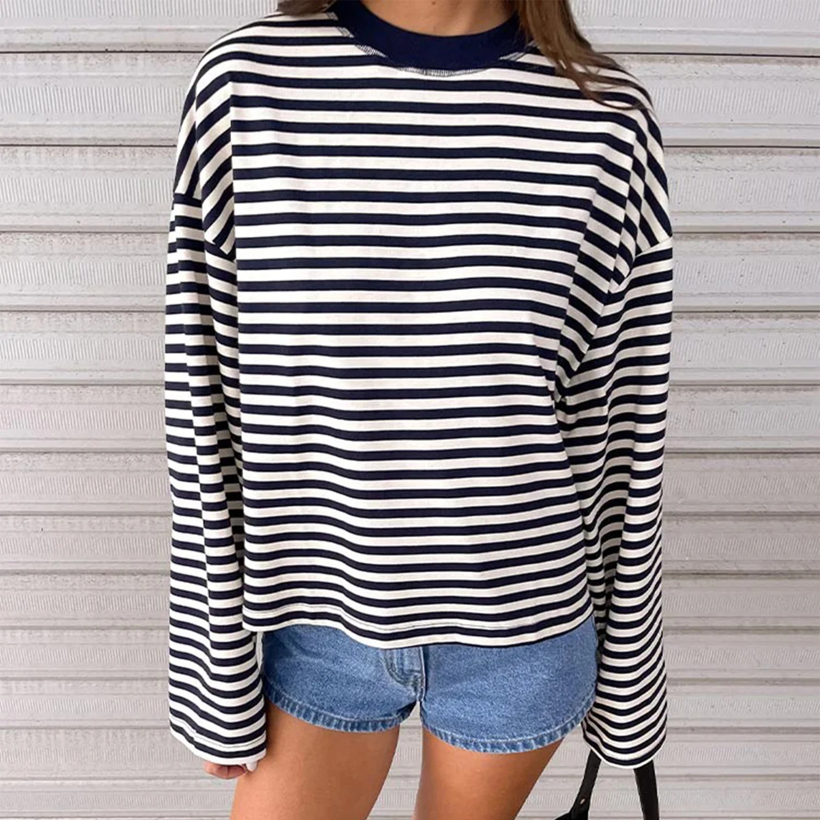 Striped Long Sleeve Shirt Women Oversized Baggy Tshirt Crewneck Boxy Cropped Tee Tops Y2K Cute Preppy Sweatshirt Vintage Teen