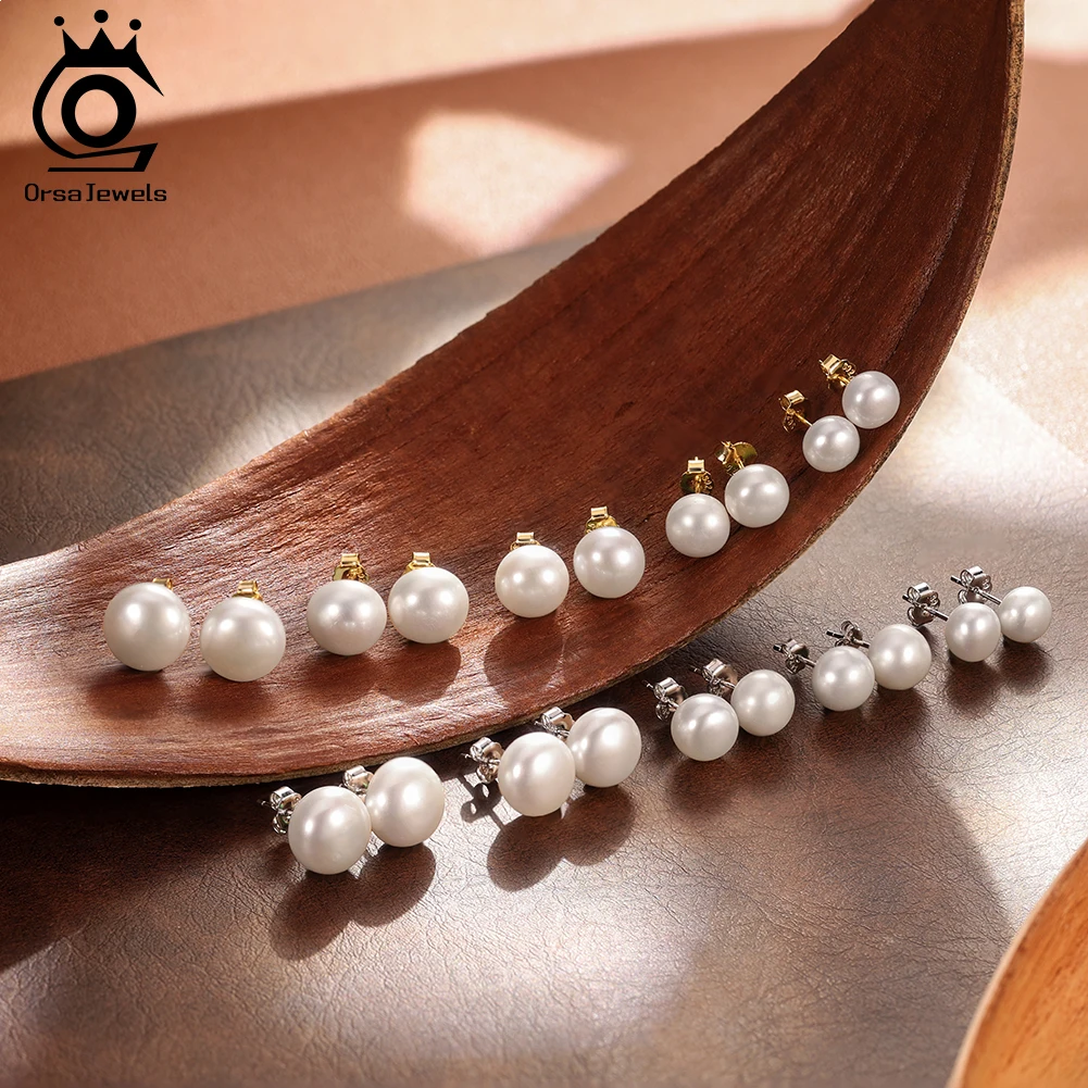 ORSA JEWELS Minimalism 1 pair Freshwater Pearl Ear Stud Real Pearls Stud Earrings 925 Silver Round Natural Pearl Ear Stud GPE104
