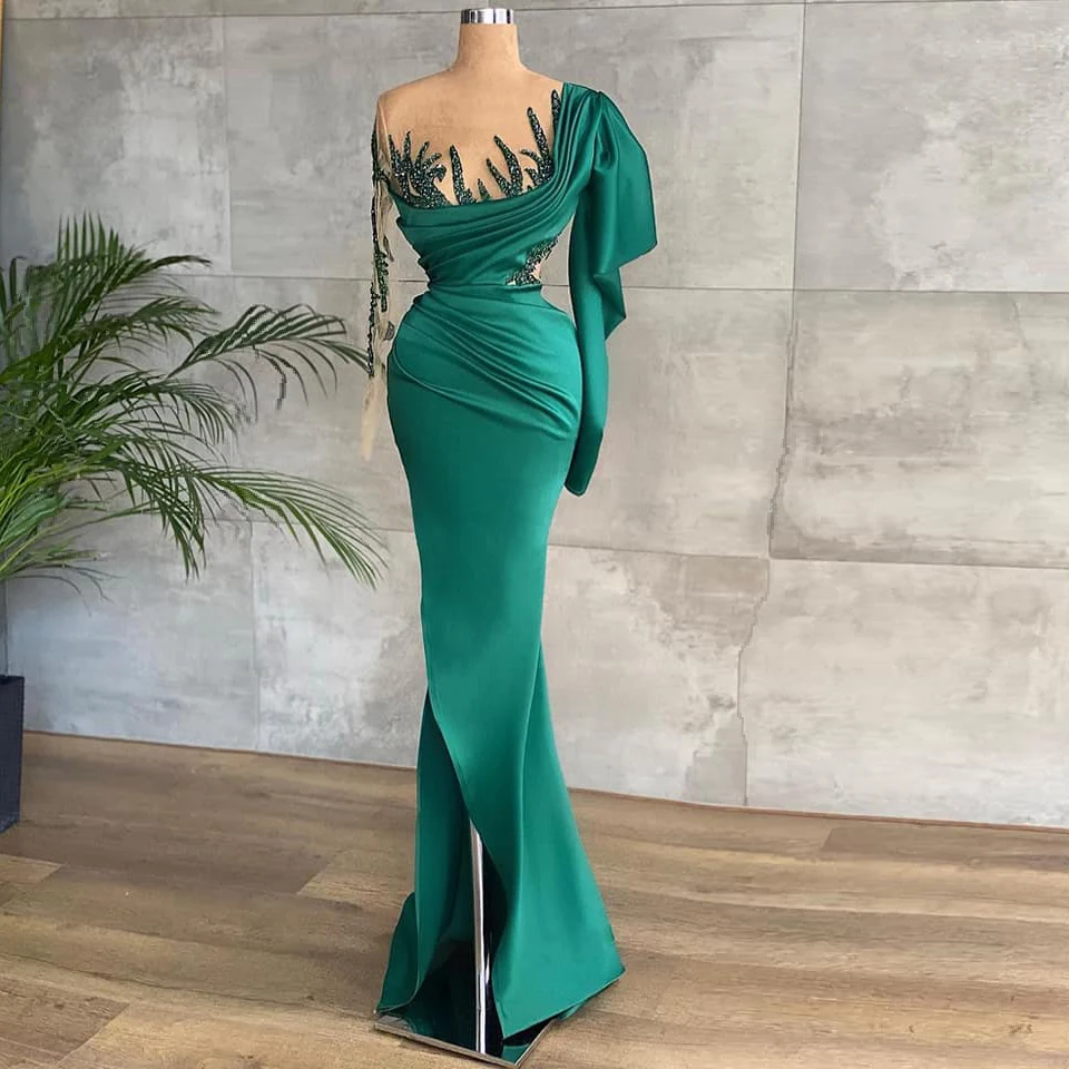 

Green Elegant Mermaid Prom Dresses Long Sleeve Sequins Appliques Slit Plus Size Women Formal Evening Party Gowns Custom Made