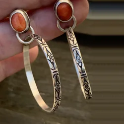 Vintage Pattern Circle Drop Earrings Fashion RedSStone Stud Hoop Earrings for women Jewelry Wedding Engagement Earrings