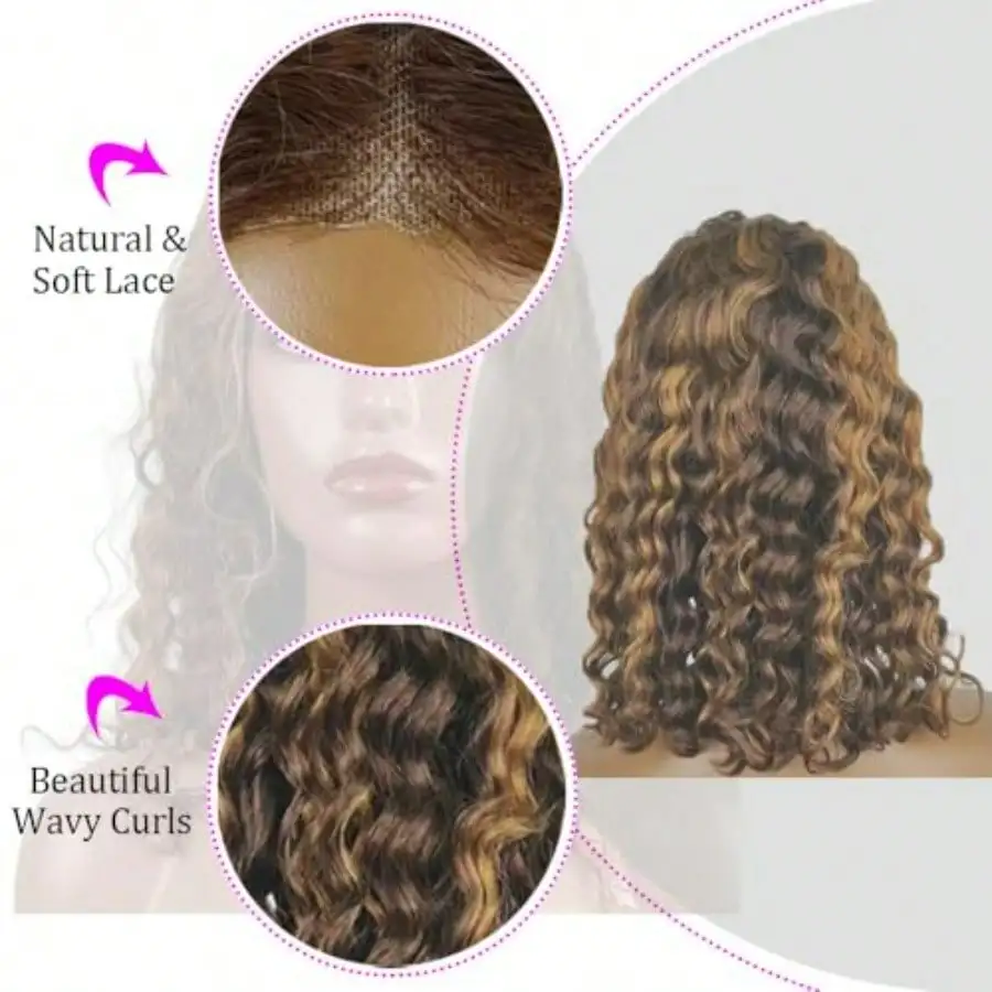 Ombre Lace Front Wig Human Hair Highlight 4/27 Honey Blonde Glueless HD Lace Front Wig Human Hair 5x5 Deep Wave Curly Wig 16inch For Women