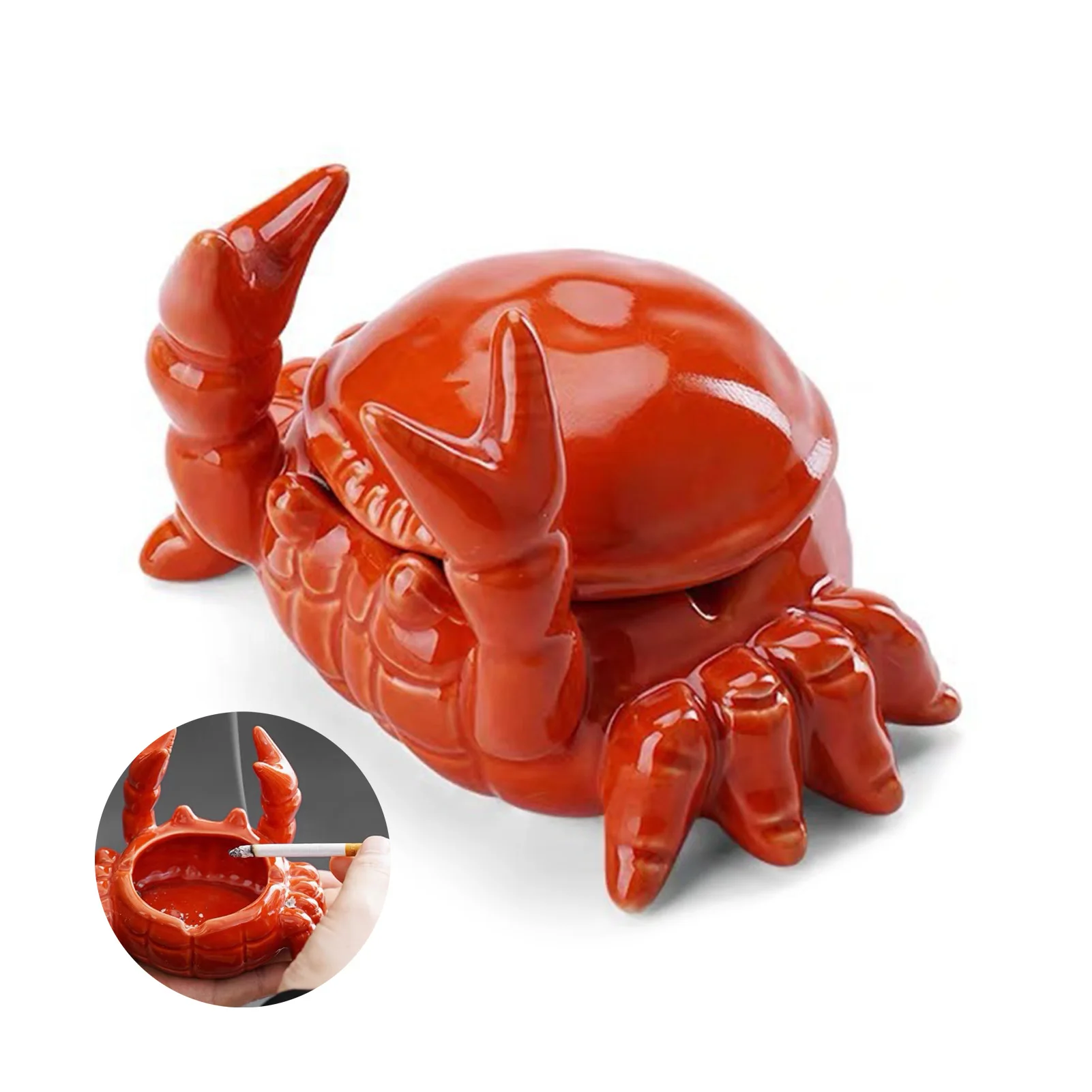 Ceramic Ashtray for Living Room Home Office Crab Shaped Ash Storage Tray with Lid Anti-Fly Ash Chinese Style Ornament Gift
