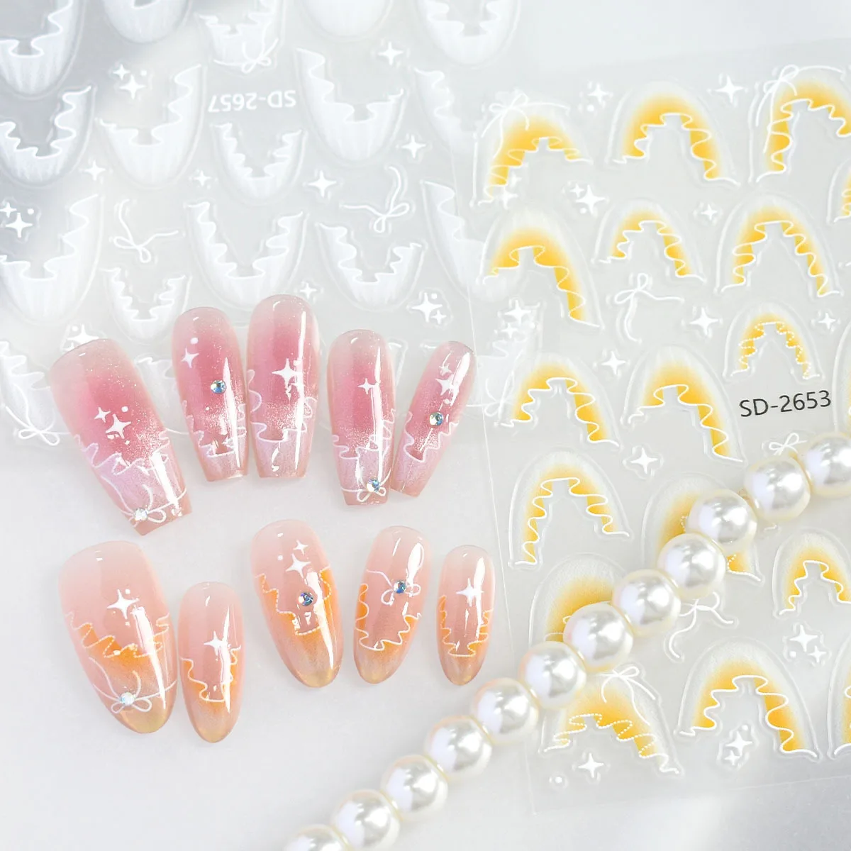 5D Embossed French Ruffle Nail Art Stickers Gradient Star Bow Bowknot Nail Decals Self-Adhesive Nail Art Decorations Manicure