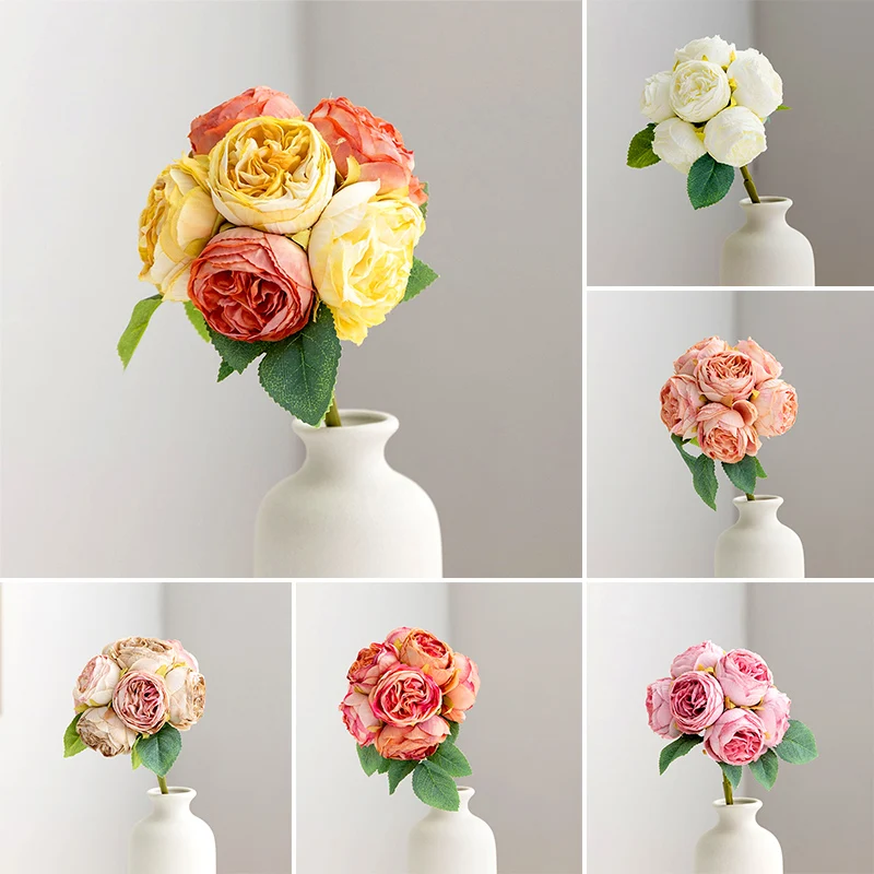 Artificial Roasted Edge Rose Silk Peony Bouquet Wedding Retro Style Fake Flowers Ornaments Valentine's Day Garden Home Decor