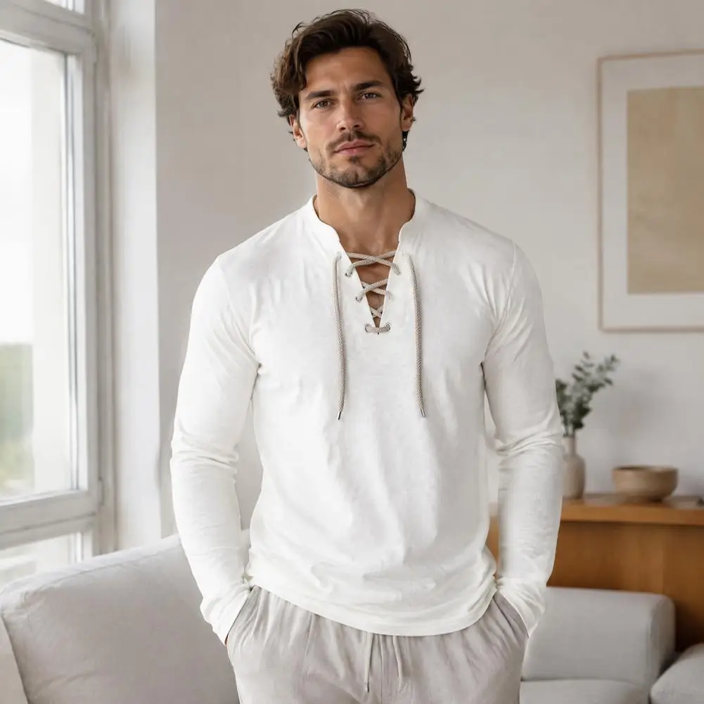 Men Lace Up Neck Shirt, V-Neck Long Sleeve Pullover, Retro Casual Base Layer for Daily Wear Medieval Viking Pirate Cosplay