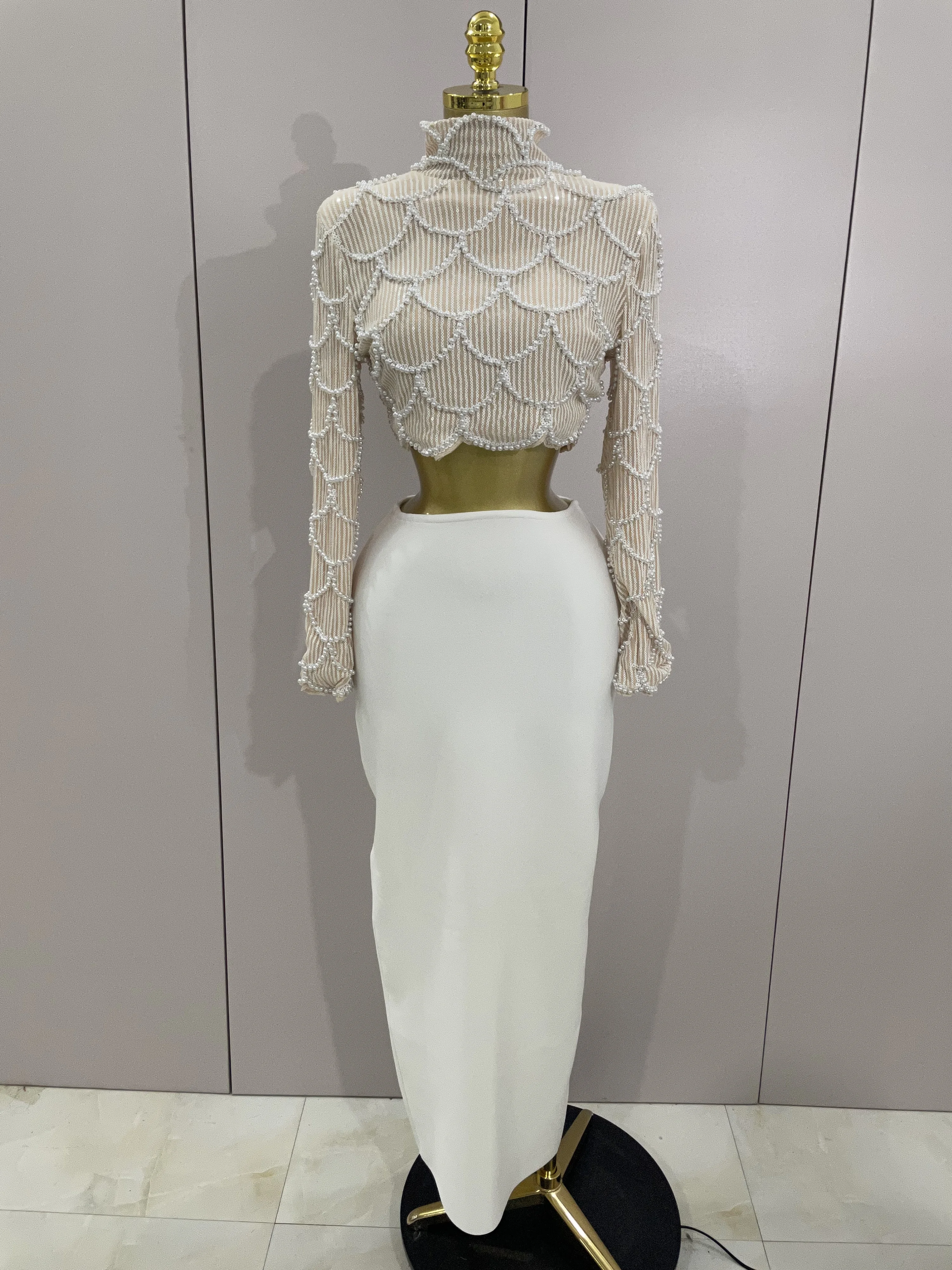 

2025 Sexy Beading Long Sleeve Tops 2 Pieces Bodycon Long Bandage Dress Women Evening Celebrate Birthday Party Photo Shoot Wear