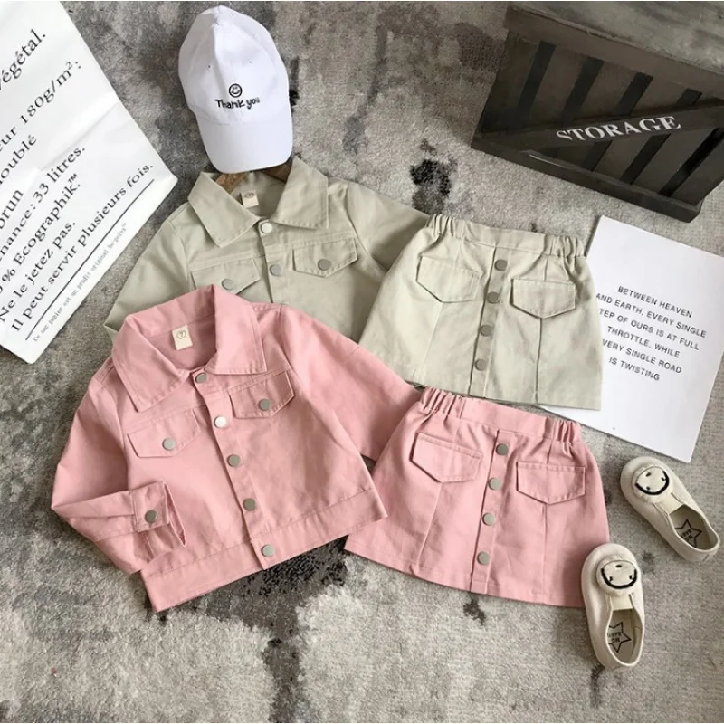 

Children's Set Spring and Autumn Style Small and Medium Kids Single-Breasted Jacket Two-Piece Set Girls' Skirt Girls' Style
